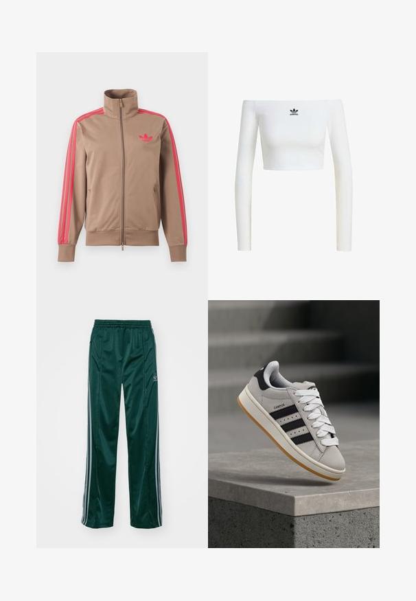 Svetlohnedá športová bunda na zips s vysokým golierom, ružové pruhy na rukávoch a ružové logo Adidas na ľavej strane hrude.; Biela crop top s odhalenými ramenami z rebrovaného materiálu, s dlhými rukávmi a malým čiernym logom Adidas na prednej strane.; Tmavozelené športové nohavice vyrobené z lesklého materiálu, s bočnými pruhmi v svetlošedej farbe a vyšitým logom na ľavom stehne.; Šedá teniska Adidas Campus s čiernymi pruhmi a bielymi šnúrkami vznášajúca sa nad betónovým múrikom so schodmi v pozadí.