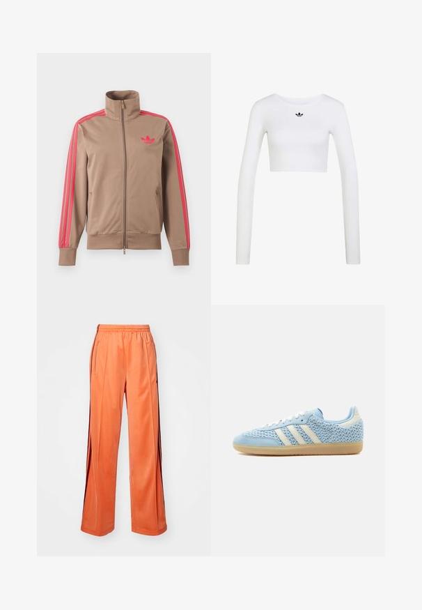 Lichtbruine trackjas met rits en hoge kraag, roze strepen op de mouwen en roze Adidas-logo op de linkerborst.; Witte cropped top met lange mouwen, ronde hals en klein zwart Adidas-logo gecentreerd onder de halslijn.; Oranje sportbroek van soepel materiaal, met een wijd pijpdesign, elastische tailleband en contrasterende zijstrepen.; Lage sneaker met lichtblauwe geweven bovenkant, witte strepen, witte veters, lichtblauwe suède neuskap en een zool van gumrubber.