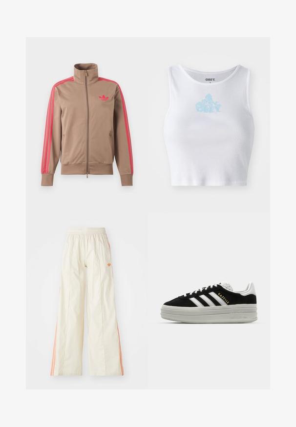 Lysebrun trackjakke med lynlås og høj krave, lyserøde striber ned ad ærmerne og lyserødt Adidas-logo på venstre bryst.; Hvid ribbet crop top med rund halsudskæring og et lyseblåt "OBEY" logo centreret på brystet. Glat tekstur og tætsiddende design.; Cremefarvede bredde benbukser med elastisk talje, der har orange side-striber og et lille orange logo foran.; Sort ruskind sneaker med hvide læderdetaljer, tre hvide striber, flade snørebånd og en tyk grå platformsål. Guldfarvet "Gazelle" branding.