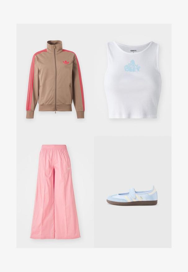 Hellbraune Trainingsjacke mit Reißverschluss und hohem Kragen, pinke Streifen an den Ärmeln und pinkes Adidas-Logo auf der linken Brust.; Weißes, geripptes Crop-Top mit Rundhalsausschnitt und einem hellblauen "OBEY"-Logo, das zentral auf der Brust platziert ist. Glatte Textur und taillierte Passform.; Rosa weit geschnittene Hosen aus einem leichten Stoff, mit einem elastischen Bund und dezenten weißen Seitenstreifen. Kleines Logo auf der Vorderseite.; Hellblauer Sneaker mit einem Klettverschluss, cremefarbenen Streifen an den Seiten, weichem Stoff-Obermaterial und einer strukturierten braunen Gummisohle.