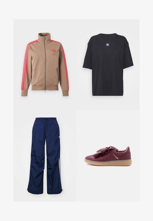 Lysebrun trackjakke med lynlås og høj krave, lyserøde striber ned ad ærmerne og lyserødt Adidas-logo på venstre bryst.; Sort bomulds t-shirt med korte ærmer, rund halsudskæring, med et hvidt Adidas-logo på brystet. Enkel design, afslappet pasform.; Marineblå, letvægtsbukser med elastik i taljen og snøre, med hvide sidelister og et lille logo foran. Løs pasform.; Maroon Adidas Spezial-sneaker med gummisål, gyldt logo på siden og frynset snørelåg på ensartet hvid baggrund.