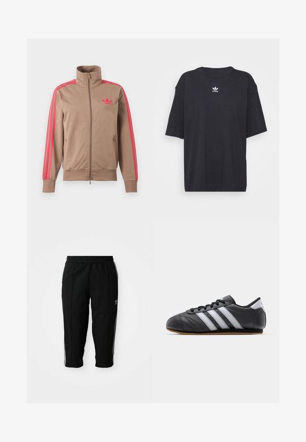 Lysebrun trackjakke med lynlås og høj krave, lyserøde striber ned ad ærmerne og lyserødt Adidas-logo på venstre bryst.; Sort bomulds t-shirt med korte ærmer, rund halsudskæring, med et hvidt Adidas-logo på brystet. Enkel design, afslappet pasform.; Sorte træningsbukser med elastisk talje, sidelommer med lynlås og hvide accentstriber langs sømmene. Lavet af et glat og holdbart materiale.; Sorte lædersportssko med hvide striber, rund tå, flad sål og snørelukning. Har perforeringer for åndbarhed.