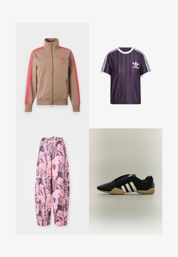 Lysebrun trackjakke med lynlås og høj krave, lyserøde striber ned ad ærmerne og lyserødt Adidas-logo på venstre bryst.; Lilla atletisk t-shirt med hvide lodrette striber, rund hvid krave og Adidas-logo i hvid på venstre bryst. Korte ærmer.; Lyserøde og lilla mønstrede vide bukser har et blad- og grenmønster, med høj talje og sidelommer for ekstra funktionalitet.; Sort atletiksko med hvide striber og beige tekstureret sål på en neutral baggrund, vist i sideprofil.