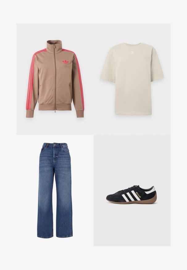 Chaqueta deportiva marrón claro con cremallera y cuello alto, rayas rosas por las mangas y logo rosa de Adidas en el pecho izquierdo.; Camiseta de manga corta beige de algodón, con cuello redondo y pequeño logo blanco de Adidas impreso en el pecho. Textura suave, corte holgado.; Pantalones vaqueros de pierna ancha hechos de tejido de algodón azul de peso medio. Presentan un diseño clásico de cinco bolsillos y una cremallera con cierre de botón.; Zapatilla de ante negra con tres rayas blancas, suela de goma y un pequeño logo dorado en el lateral. Cuenta con un forro interior negro liso.