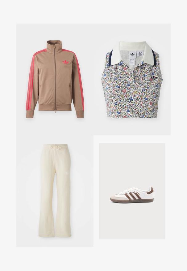 Vaaleanruskea vetoketjullinen urheilutakki, jossa korkea kaulus, vaaleanpunaiset raidat hihoissa ja vaaleanpunainen Adidas-logo vasemmassa rinnassa.; Kukka-lyhyt toppi, jossa valkoinen pohja sinisillä, punaisilla ja keltaisilla kukilla. Sisältää valkoisen kauluksen tummansinisillä yksityiskohdilla ja brodeeratun logon.; Housut kermanväriset, pehmeätekstuuriset, joissa on kiristettävä vyötärö ja levenevät lahkeet. Huomaamaton logo yksityiskohta vasemmalla lonkalla.; Valkoinen Adidas Samba -lenkkari, jossa ruskeat mokkaisomisteiset raidat, ruskea mokkavarvas ja kumipohja vaaleanharmaalla taustalla.