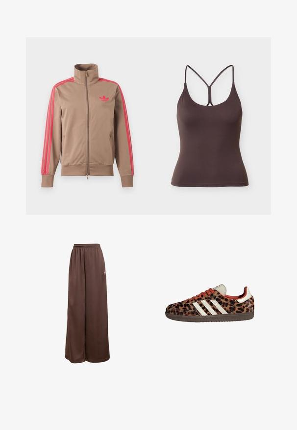 Veste de survêtement marron clair zippée avec col montant, bandes roses sur les manches et logo Adidas rose sur le côté gauche de la poitrine.; Débardeur marron foncé ajusté avec fines bretelles doubles formant un Y dans le dos, ourlet sans couture.; adidas Originals Pantalon de survêtement - auburn cream white; Baskets en imprimé léopard avec un matériau en suède, lacets rouges et trois rayures blanches sur le côté. Présente une languette de couleur crème et une semelle marron.