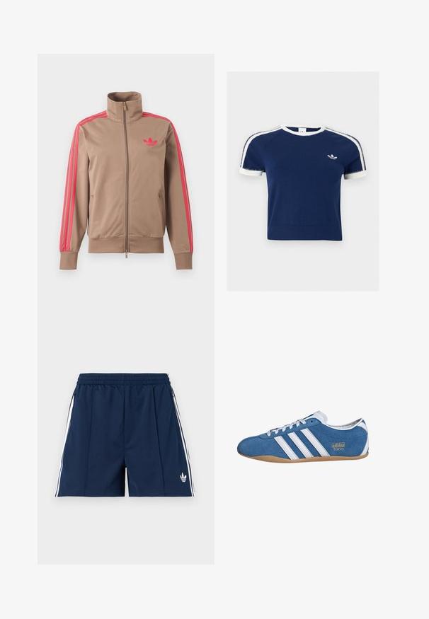 Lichtbruine trackjas met rits en hoge kraag, roze strepen op de mouwen en roze Adidas-logo op de linkerborst.; Marineblauw T-shirt met korte mouwen, wit biesje aan de kraag en mouwen, witte strepen op de schouders en een klein wit Adidas-logo op de borst.; Donkerblauwe sportshorts met een elastische tailleband, witte zijstrepen, zakken met rits en een klein wit Adidas-logo op het linkerbeen.; Blauwe suède sneakers met witte leren strepen, met een ronde neus, gumrubberen zool en gouden "adidas TOKYO" branding aan de zijkant.