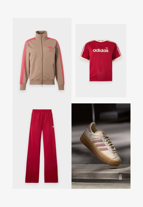 Lichtbruine trackjas met rits en hoge kraag, roze strepen op de mouwen en roze Adidas-logo op de linkerborst.; Rood Adidas mesh t-shirt met beige bies aan de kraag, mouwen en de drie strepen op de schouders, met Adidas-logo en tekst op de voorkant.; Rode trainingsbroek met wijd uitlopende pijpen, elastische tailleband, zijzakken met rits, witte strepen aan de zijkanten en een klein wit logo op de linker dij.; Witte suède sneakers met roze accenten, voorzien van drie strepen en een gouden logo. Textuur in de neuskap en een bruine rubberen zool. Klassiek ontwerp.