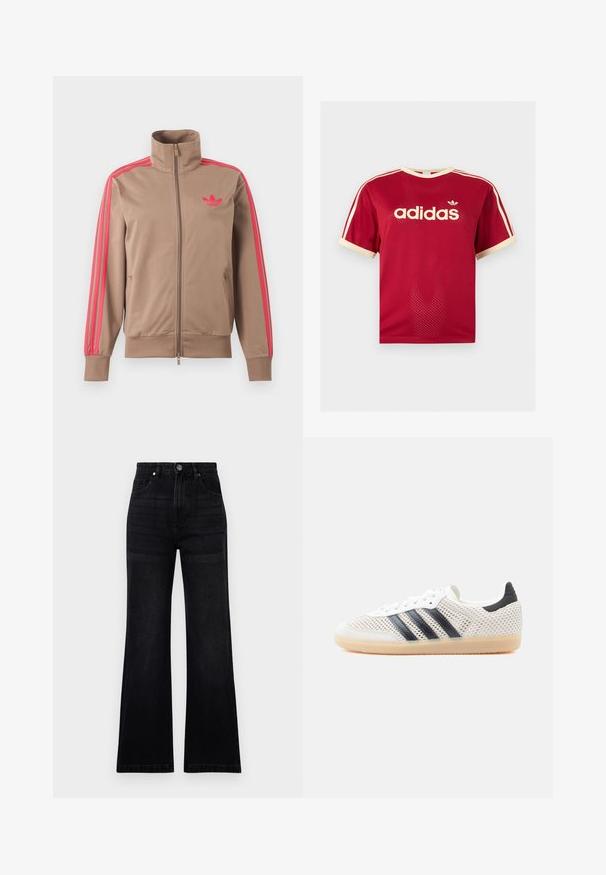 Svetlohnedá športová bunda na zips s vysokým golierom, ružové pruhy na rukávoch a ružové logo Adidas na ľavej strane hrude.; Červené sieťované tričko Adidas s béžovým lemovaním na golieri, rukávoch a troch pruhmi na pleciach, s logom Adidas a textom na prednej strane.; Čierne široké džínsy vyrobené z denimu, s vysokým pásom, dizajnom piatich vreciek a jemným leskom. Predné zapínanie na kovový gombík.; Biele sieťované tenisky s čiernym dizajnom troch pruhov, zaoblenou špičkou a gumovou podrážkou. Majú mäkký opätkový golier a šnurovanie.