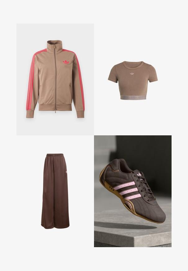 Hellbraune Trainingsjacke mit Reißverschluss und hohem Kragen, pinke Streifen an den Ärmeln und pinkes Adidas-Logo auf der linken Brust.; Braunes, geripptes Crop-Top mit kurzen Ärmeln, rundem Ausschnitt und einem strukturierten Saumband am unteren Rand mit einem dezenten Logomuster.; adidas Originals Jogginghose - auburn cream white; Braune Wildleder-Sportschuhe mit pinken Streifen und Logo, featuring eine strukturierte Oberseite, Schnürung und einer Sohle aus Gummi.