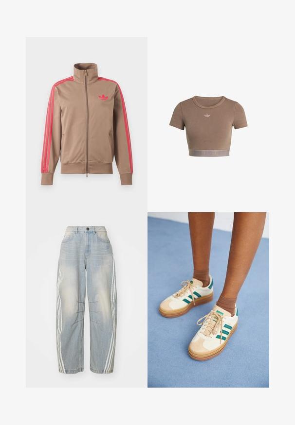 Lysebrun trackjakke med lynlås og høj krave, lyserøde striber ned ad ærmerne og lyserødt Adidas-logo på venstre bryst.; Brun ribstrikket cropped top med korte ærmer, rund halsudskæring og en tekstureret kant forneden med et diskret logo-mønster.; Lyseblå denimjeans med løs pasform, der har hvide striber ned langs siderne, slidte detaljer og knaplukning i taljen.; Beige sneakers med mørkegrønne striber, gummisål, overdel i ruskind og tekstil samt neutralt hardware, parret med brune sokker på en lyseblå overflade.
