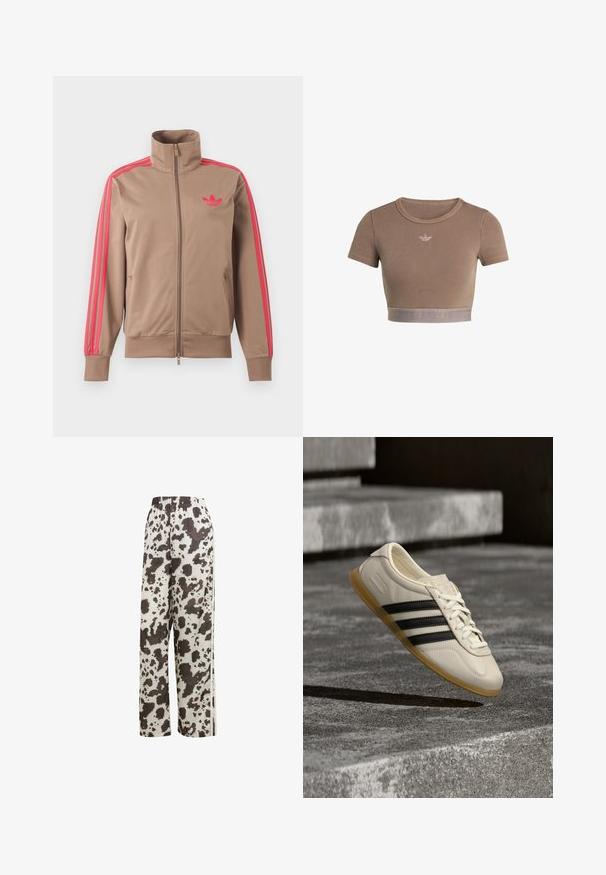 Chaqueta deportiva marrón claro con cremallera y cuello alto, rayas rosas por las mangas y logo rosa de Adidas en el pecho izquierdo.; Top corto marrón acanalado con mangas cortas, escote redondo y una banda texturizada en la parte inferior que presenta un sutil patrón de logo.; adidas Originals COW PRINT SATIN WIDE LEG - Pantalones deportivos - multicolor off white; Zapatilla blanca con rayas negras y suela de goma suspendida sobre escaleras de hormigón en luz diurna suave.