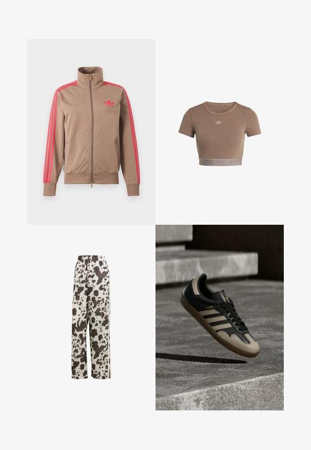 Lysebrun trackjakke med lynlås og høj krave, lyserøde striber ned ad ærmerne og lyserødt Adidas-logo på venstre bryst.; Brun ribstrikket cropped top med korte ærmer, rund halsudskæring og en tekstureret kant forneden med et diskret logo-mønster.; adidas Originals COW PRINT SATIN WIDE LEG - Træningsbukser - multicolor off white; Sort og beige lædersneaker med tre hvide striber, tanfarvet gummisål og gyldent "Samba"-detalje på siden.