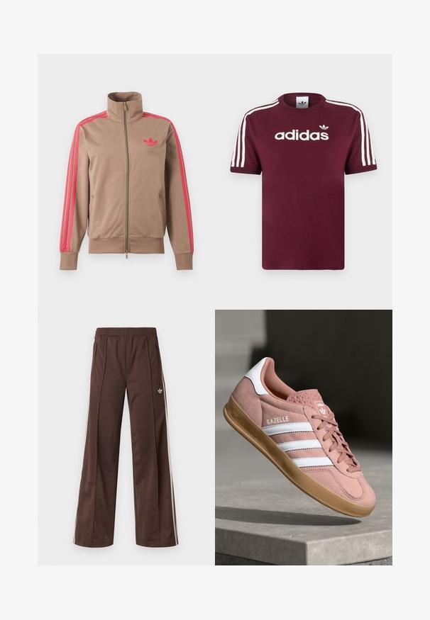 Svetlohnedá športová bunda na zips s vysokým golierom, ružové pruhy na rukávoch a ružové logo Adidas na ľavej strane hrude.; Bordové bavlnené tričko s bielymi pruhovanými rukávmi, na hrudi s bielym logom "adidas" a malým logom nad ním.; Hnedé športové nohavice so širokým strihom nohavíc, bielymi bočnými pásmi, elastickým pásom a dvoma bočnými vreckami. Na nohavici je malá značka.; Ružové semišové tenisky s bielymi pruhmi, gumovou podrážkou, textúrovaným vrchom a logom na jazykovej části. Klasický nízkoprofilový dizajn.