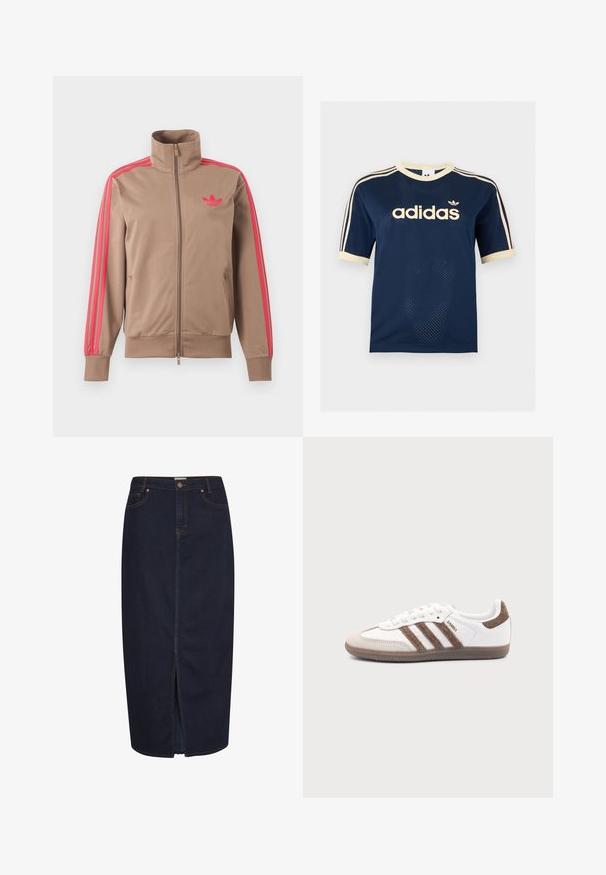 Hellbraune Trainingsjacke mit Reißverschluss und hohem Kragen, pinke Streifen an den Ärmeln und pinkes Adidas-Logo auf der linken Brust.; Marineblaues Adidas Mesh-Kurzarmshirt mit cremefarbenem Besatz, drei cremefarbenen Streifen an den Ärmeln und Adidas-Logo auf der Brust.; Dunkelblaue Jeansmaxikleid mit einem Frontschlitz. Mit orangefarbener Ziernaht und klassischem Fünf-Taschen-Design. Knopfverschluss an der Taille.; Weißer Adidas Samba Sneaker mit braunen Wildlederstreifen, brauner Gummisohle und beiger Wildlederkappe, von der Außenseite auf schlichtem Hintergrund gezeigt.