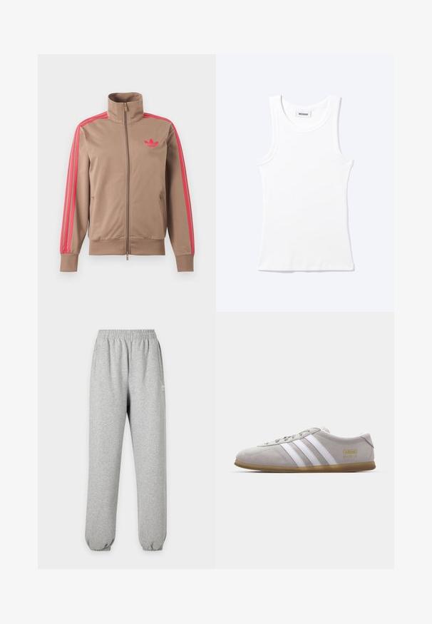 Hellbraune Trainingsjacke mit Reißverschluss und hohem Kragen, pinke Streifen an den Ärmeln und pinkes Adidas-Logo auf der linken Brust.; Weißes ärmelloses geripptes Tanktop mit rundem Ausschnitt und einem kleinen Etikett mit der Aufschrift "WEEKDAY" innen im Kragen.; Hellgraue Jogginghose mit elastischem Bund und Bündchen, Seitentaschen und kleinem weißem Logo am oberen Oberschenkel.; Graue Wildleder-Sneaker mit weißen Lederstreifen und goldenen Logodetails. Flache Gummisohle, abgerundete Zehenpartie und klassisches Schnürverschlussdesign.