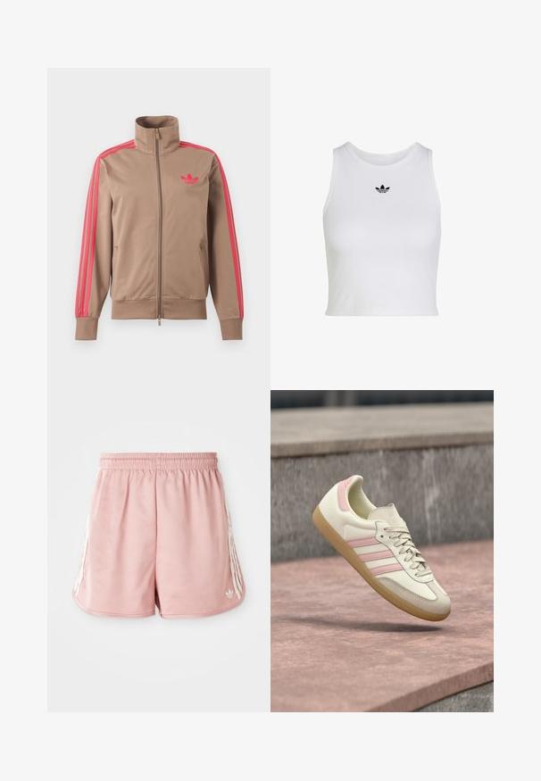Lichtbruine trackjas met rits en hoge kraag, roze strepen op de mouwen en roze Adidas-logo op de linkerborst.; Witte mouwloze crop top met ronde hals en klein zwart Adidas trefoil-logo, gecentreerd onder de kraag.; Roze sport shorts met een elastische tailleband, witte zijstreepdetails en een klein logo aan de onderkant van de linkervoorzijde. Glad textuur van de stof.; Sneaker van beige leer met roze accenten, met drie zijstrepen, een afgeronde neus en een getextureerde gumzool. Licht gevoerde kraag.