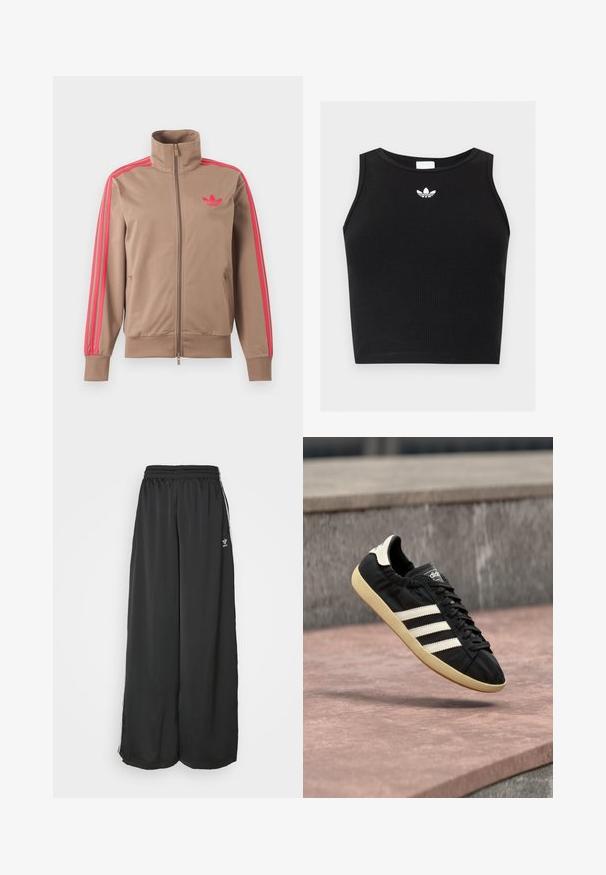 Gaiši brūna sporta jaka ar rāvējslēdzēju un augstu apkakli, rozā svītras uz piedurknēm un rozā Adidas logo kreisajā krūtī.; Melnā ribota bez piedurknēm crop top ar apaļu kakla izgriezumu un mazu baltu Adidas trefoil logotipu centrā pie apkakles.; Melni brīvi pieguļoši sporta bikses, kas izgatavotas no maigas auduma. Iespējas ietver elastīgu jostasvietu un sānu svītras ar logo akcentiem.; Melna Adidas sporta apavu ar baltām svītrām un bēša zolīti, uztverta gaisā virs akmens virsmas un akmens sienas fonā.