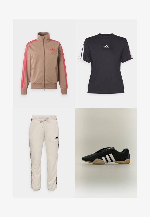Svetlohnedá športová bunda na zips s vysokým golierom, ružové pruhy na rukávoch a ružové logo Adidas na ľavej strane hrude.; Čierne športové tričko vyrobené z mäkkého materiálu, s klasickým okrúhlym výstrihom, krátkymi rukávmi a tromi bielymi pruhmi na každom ramene. Biely logo na hrudi.; Svetlobéžové tepláky vyrobené z mäkkej tkaniny, s pásom na šnúrku a čiernymi bočnými panelmi s leopardím vzorom.; Čierna športová obuv s bielymi pruhmi a béžovou textúrovanou podrážkou na neutrálom pozadí, zobrazená zo strany.