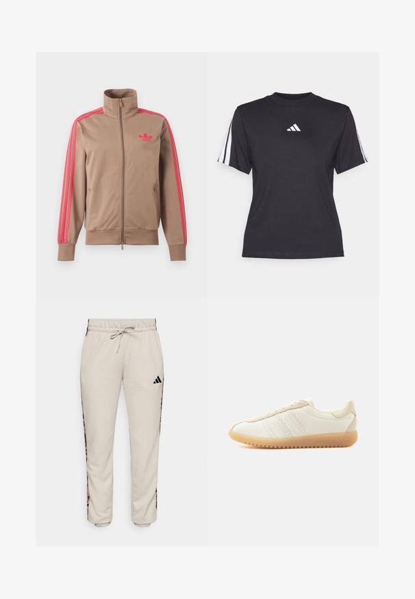Vaaleanruskea vetoketjullinen urheilutakki, jossa korkea kaulus, vaaleanpunaiset raidat hihoissa ja vaaleanpunainen Adidas-logo vasemmassa rinnassa.; Musta urheilu t-paita pehmeästä kankaasta, jossa on pyöreä kaula-aukko, lyhyet hihat ja kolme valkoista raitaa kummallakin olkapäällä. Valkoinen logo rinnassa.; Hupparusikka vaaleanbeige, pehmeästä kankaasta valmistettu, jossa on naru vyötäröllä ja mustat sivupaneelit, joissa on leopardikuosis. ; Matala beige tennari, jossa on tekstuurillinen kangaspäällinen, kolme valkoista nauharaitaa, beigen sävyisiä mokkanahkaisia yksityiskohtia, kumipohja ja nauhallinen suljenta.