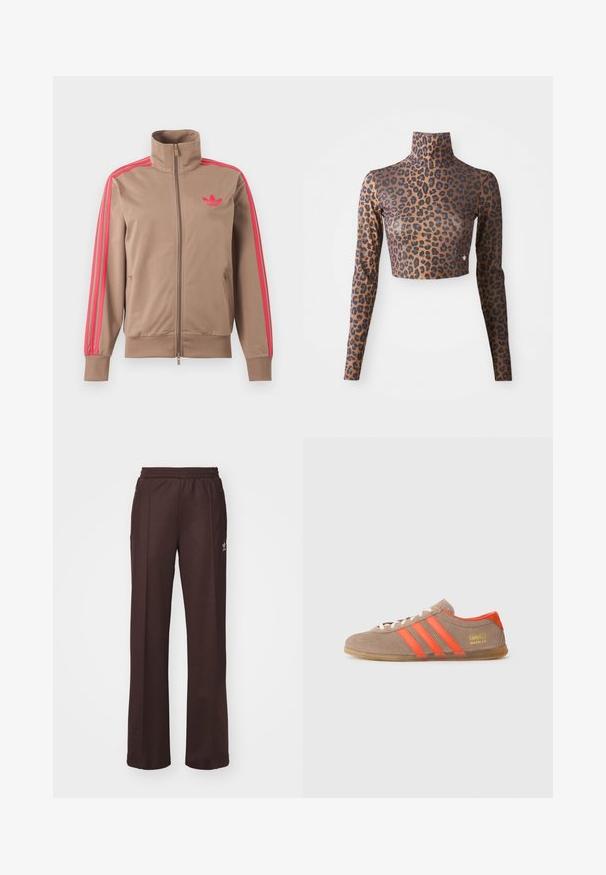 Lysebrun trackjakke med lynlås og høj krave, lyserøde striber ned ad ærmerne og lyserødt Adidas-logo på venstre bryst.; Langærmet cropped top med leopardprint i brune og sorte farver, med høj hals og glat, sleek tekstur. Diskret logo-detalje ved kanten.; Brune træningsbukser med elastisk talje, to sidelommer og et lille logo på venstre side, lavet af et blødt stof.; Brune ruskinds sneakers med tre klare orange striber, snørebånd foran og gyldent "Gazelle" branding på siden. Flad gummi sål.