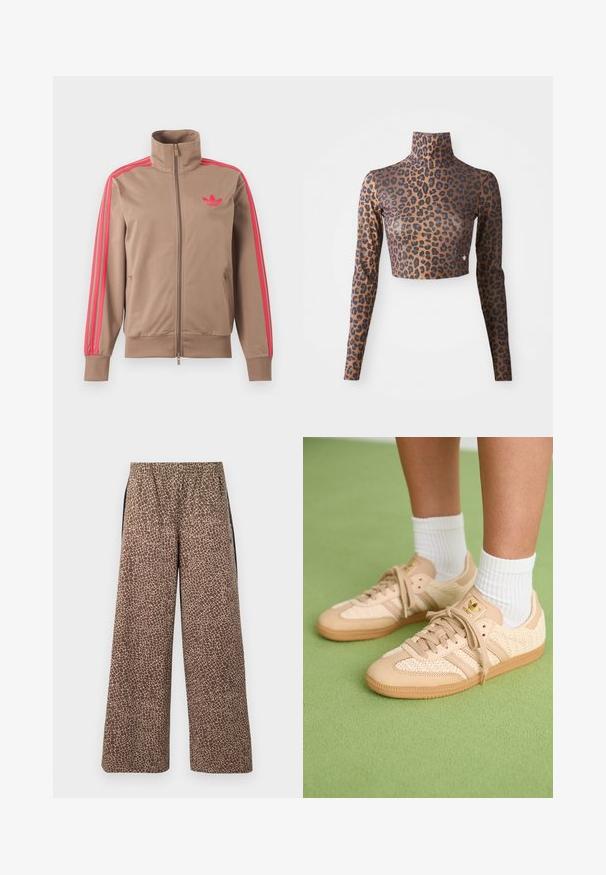 Lysebrun trackjakke med lynlås og høj krave, lyserøde striber ned ad ærmerne og lyserødt Adidas-logo på venstre bryst.; Langærmet cropped top med leopardprint i brune og sorte farver, med høj hals og glat, sleek tekstur. Diskret logo-detalje ved kanten.; Brune bukser med vide ben og et beige dyreprintmønster, elastisk linning og kontrasterende sorte sidestriber. Blød stoftekstur.; Fødder iført beige vævede Adidas sneakers med gummisåler og hvide ankelsokker på en grøn struktureret gulv.