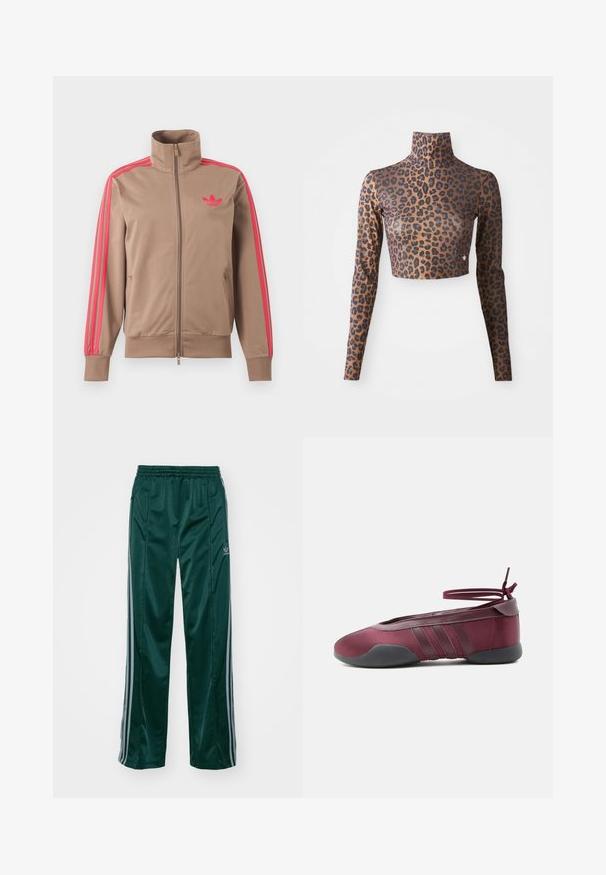 Veste de survêtement marron clair zippée avec col montant, bandes roses sur les manches et logo Adidas rose sur le côté gauche de la poitrine.; Crop top à manches longues en imprimé léopard brun et noir, avec un col haut et une texture lisse et soyeuse. Détail logo subtil en bas.; Pantalons de sport vert foncé en matériau brillant, avec des bandes latérales gris clair et un logo brodé sur la jambe gauche.; Ballerine bordeaux avec semelle noire, brides élastiques à la cheville nouées en nœud, et détails cousus sur les côtés, vue de l'extérieur.