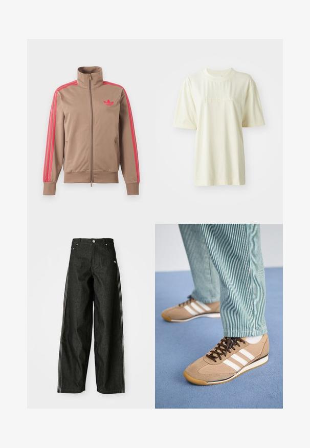 Chaqueta deportiva marrón claro con cremallera y cuello alto, rayas rosas por las mangas y logo rosa de Adidas en el pecho izquierdo.; Camiseta de algodón color crema con cuello redondo, mangas cortas y logo "adidas" en relieve en el pecho. Textura suave y corte relajado.; Pantalones anchos de mezclilla negra con rayas laterales blancas, que cuentan con bolsillos delanteros, una bragueta con botones y un logo sutil cerca de la cintura.; Zapatillas de ante y malla color arena con cordones marrones y tres rayas blancas. Combinadas con pantalones a rayas verdes y blancas, descansando sobre una superficie azul.