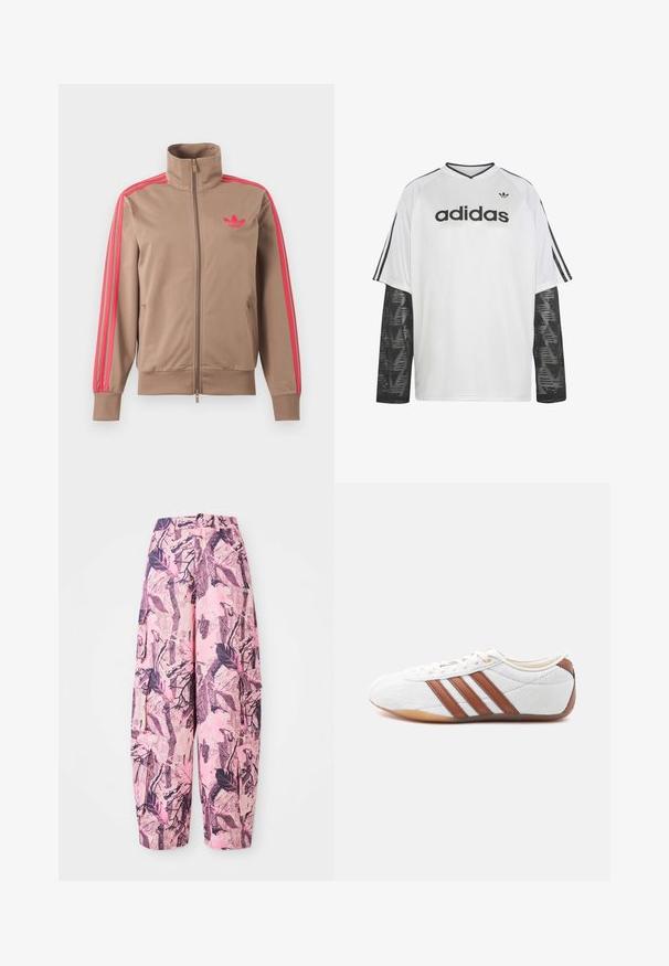 Chaqueta deportiva marrón claro con cremallera y cuello alto, rayas rosas por las mangas y logo rosa de Adidas en el pecho izquierdo.; Camiseta blanca de manga larga de Adidas con mangas de malla negra, logotipo y texto de Adidas en negro en el pecho, y tres rayas negras en las mangas de los hombros.; Los pantalones de pierna ancha, de colores rosa y púrpura, presentan un diseño de hojas y ramas, con una cintura alta y bolsillos laterales para mayor funcionalidad.; Zapatilla blanca de corte bajo con franjas de cuero marrón, cierre de cordones y suela de goma color caramelo, mostrada desde el lado interior sobre un fondo blanco.