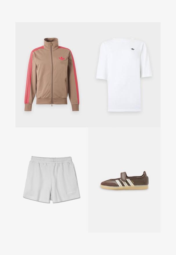 Chaqueta deportiva marrón claro con cremallera y cuello alto, rayas rosas por las mangas y logo rosa de Adidas en el pecho izquierdo.; Camiseta blanca de Adidas con mangas cortas y pequeño logo negro del trébol en el pecho izquierdo.; Pantalones cortos de canalé gris claro con una cinturilla elástica, que presentan dos bolsillos laterales y un pequeño logo blanco en la parte inferior derecha.; Zapatilla marrón con suela de goma beige, tres rayas blancas en el lateral y una sola tira de velcro en la parte superior.
