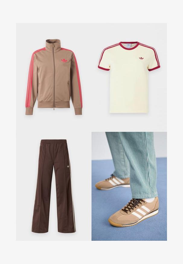Lichtbruine trackjas met rits en hoge kraag, roze strepen op de mouwen en roze Adidas-logo op de linkerborst.; Crèmewit Adidas T-shirt met korte mouwen, rode geribbelde kraag, mouwuiteinden, drie rode strepen op de schouders en een rood Adidas trefoil-logo op de borst.; Bruine sportbroek met een wijd uitlopende pijp, witte zijstrepen, een elastische tailleband en twee zijzakken. Heeft een klein logo op het been.; Tan suede en mesh sneakers met bruine veters en drie witte strepen. Gecombineerd met groene en witte gestreepte broeken, rustend op een blauwe ondergrond.
