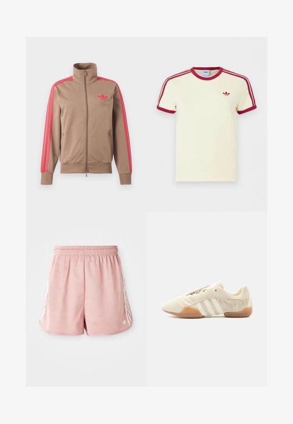 Lysebrun trackjakke med lynlås og høj krave, lyserøde striber ned ad ærmerne og lyserødt Adidas-logo på venstre bryst.; Kremfarvet Adidas T-shirt med korte ærmer, rød ribkant ved hals, ærmekanter, tre røde striber på skuldrene og rødt Adidas trefoil-logo på brystet.; Lyserøde atletiske shorts med elastisk talje, hvid stribe detaljering på siden og et lille logo på den nederste venstre forside. Glat stofstruktur.; Lavprofileret beige sneaker med tre hvide striber, teksturerede ruskindssidepaneler, gummisål og snørelukning på ensfarvet baggrund.