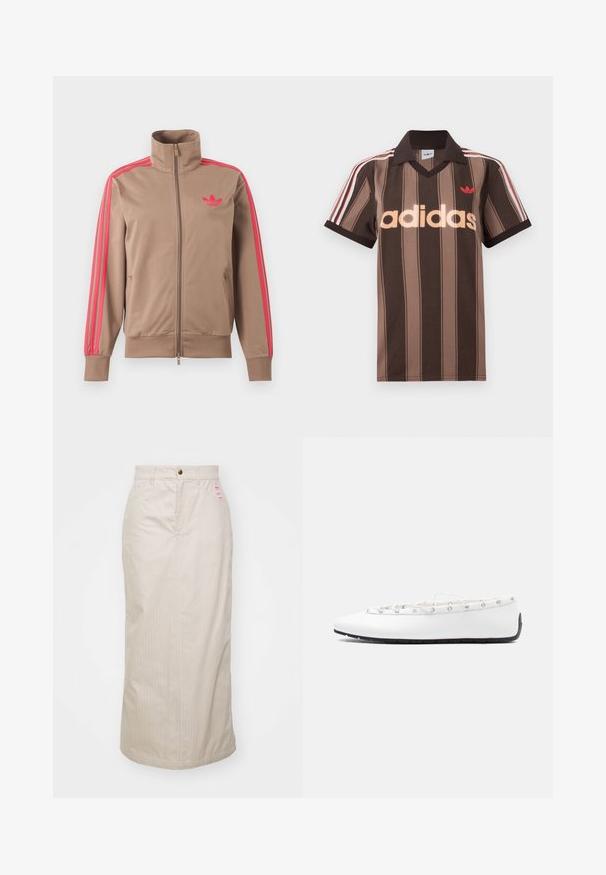 Veste de survêtement marron clair zippée avec col montant, bandes roses sur les manches et logo Adidas rose sur le côté gauche de la poitrine.; Polo Adidas rayé marron avec col en V, col bordeaux, et logo rouge. Comprend des rayures blanches et rouges sur les épaules, manches courtes.; Jupe beige à rayures, taille haute, avec fermeture éclair dissimulée et bouton en métal. Inclut une petite étiquette de marque sur le devant.; Ballerine plate en cuir blanc avec un détail à lacets et des œillets métalliques, vue de profil sur un fond clair uni.