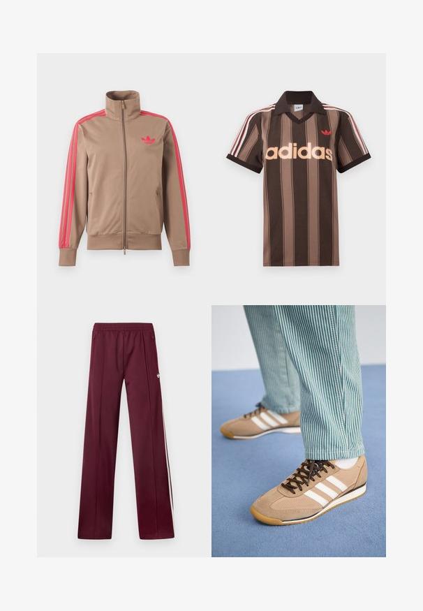 Svetlohnedá športová bunda na zips s vysokým golierom, ružové pruhy na rukávoch a ružové logo Adidas na ľavej strane hrude.; Hnedé prúžkované polo tričko Adidas s výstrihom do V, bordovým golierom a červeným logom. Má bielo-červené pruhy na ramenách a krátke rukávy.; Vínové teplákové nohavice s elastickým pásom, bočnými vreckami na zips, bielymi bočnými pruhmi a malým bielym logom Adidas na pravej stehne.; Svetlé semišové a sieťovinové tenisky s hnedými šnúrkami a tromi bielymi pruhmi. V kombinácii so zelenými a bielymi pruhovanými nohavicami, položené na modrom povrchu.