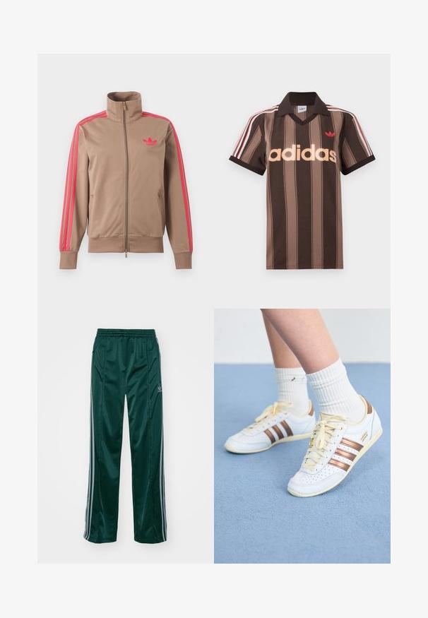 Lysebrun trackjakke med lynlås og høj krave, lyserøde striber ned ad ærmerne og lyserødt Adidas-logo på venstre bryst.; Brunstribet Adidas polo-shirt med V-hals, bordeaux krave og rødt logo. Har hvide og røde skulderstriber samt korte ærmer.; Mørkegrønne træningsbukser lavet af skinnende materiale, med sidelister i lys grå og et broderet logo på venstre ben.; Hvide sneakers med bronze striber, tekstureret læder, gule snørebånd og perforerede detaljer. Båret med hvide ribbede sokker på en blød blå overflade.