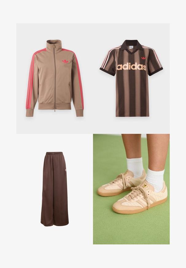 Svetlohnedá športová bunda na zips s vysokým golierom, ružové pruhy na rukávoch a ružové logo Adidas na ľavej strane hrude.; Hnedé prúžkované polo tričko Adidas s výstrihom do V, bordovým golierom a červeným logom. Má bielo-červené pruhy na ramenách a krátke rukávy.; adidas Originals Tepláky - auburn cream white; Nohy v béžových tkaných teniskách Adidas s gumovými podrážkami a bielymi členkovými ponožkami na zeleno textúrovanom podlahe.