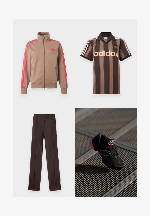 Lysebrun trackjakke med lynlås og høj krave, lyserøde striber ned ad ærmerne og lyserødt Adidas-logo på venstre bryst.; Brunstribet Adidas polo-shirt med V-hals, bordeaux krave og rødt logo. Har hvide og røde skulderstriber samt korte ærmer.; Mørkebrune Adidas træningsbukser med elastik i taljen, sidelommer med lynlås og lille hvid Trefoil-logo på højre lår.; Sort sportssko med mesh-overdel, lyserøde accenter og sorte stribede detaljer. Har en tekstureret ydersål og et logo på hælen.