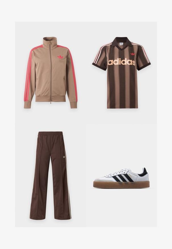 Lysebrun trackjakke med lynlås og høj krave, lyserøde striber ned ad ærmerne og lyserødt Adidas-logo på venstre bryst.; Brunstribet Adidas polo-shirt med V-hals, bordeaux krave og rødt logo. Har hvide og røde skulderstriber samt korte ærmer.; Brune atletiske bukser med vidde ben, hvide striber på siden, elastisk linning og to sidelommer. Har et lille logo på benet.; Hvide lædersneakers med sorte striber, gummirubber sål, rund tå, snørelukning og blød grå ruskinds tåhætte.