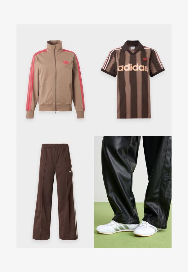 Lichtbruine trackjas met rits en hoge kraag, roze strepen op de mouwen en roze Adidas-logo op de linkerborst.; Bruine gestreepte Adidas polo met V-hals, bordeauxrode kraag en rood logo. Heeft witte en rode schouderstrepen, korte mouwen.; Bruine sportbroek met een wijd uitlopende pijp, witte zijstrepen, een elastische tailleband en twee zijzakken. Heeft een klein logo op het been.; Zwarte faux leren broek met een losse pasvorm, voorzien van een gladde textuur en zijstrepen. Gepaarde met witte sneakers met zilveren accenten.
