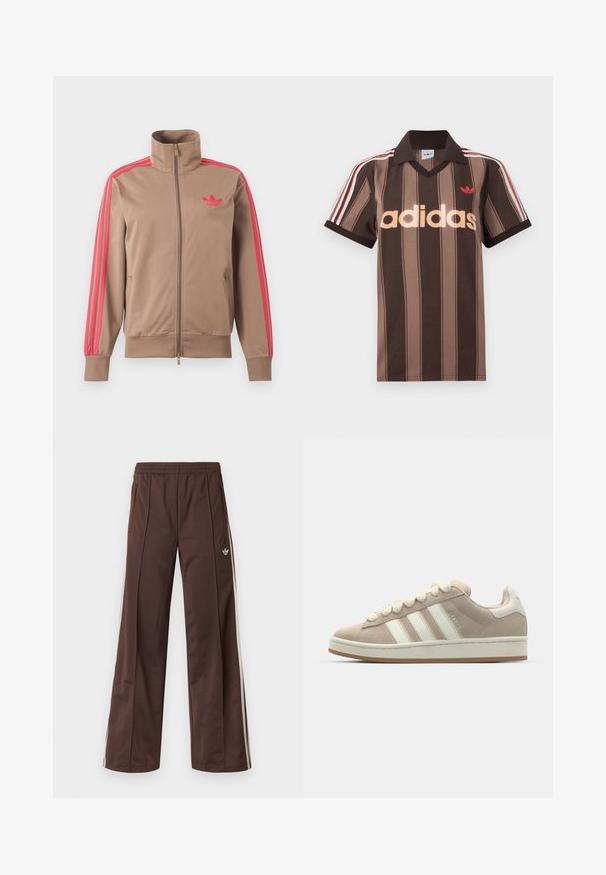 Chaqueta deportiva marrón claro con cremallera y cuello alto, rayas rosas por las mangas y logo rosa de Adidas en el pecho izquierdo.; Polo Adidas marrón con rayas, cuello en V, cuello burdeos y logo rojo. Presenta rayas blancas y rojas en los hombros, mangas cortas.; Pantalones deportivos marrones con diseño de pierna ancha, franjas laterales blancas, cintura elástica y dos bolsillos laterales. Presentan un pequeño logo en la pierna.; Zapatillas de ante marrón con rayas y cordones de cuero blanco, suela de goma, cuello acolchado y detalles texturizados en la parte superior.