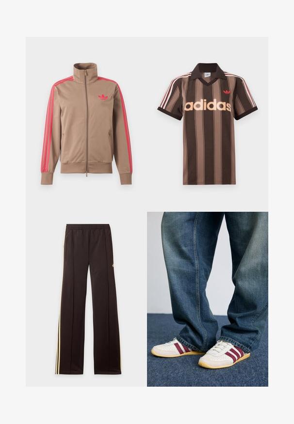 Lichtbruine trackjas met rits en hoge kraag, roze strepen op de mouwen en roze Adidas-logo op de linkerborst.; Bruine gestreepte Adidas polo met V-hals, bordeauxrode kraag en rood logo. Heeft witte en rode schouderstrepen, korte mouwen.; Zwarte trainingsbroek met gele zijstrepen, elastische tailleband, ritszakken aan de zijkant en een klein logo op het bovenbeen.; Witte sneakers met bordeauxrode strepen, van textuur leer en mesh, gecombineerd met losvallende blauwe denim jeans. Zachte rubberen zolen, casual stijl.