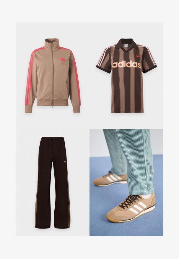 Lysebrun trackjakke med lynlås og høj krave, lyserøde striber ned ad ærmerne og lyserødt Adidas-logo på venstre bryst.; Brunstribet Adidas polo-shirt med V-hals, bordeaux krave og rødt logo. Har hvide og røde skulderstriber samt korte ærmer.; Sorte strikkede bukser med vide ben, beige sidelister, elastisk talje, snøre og lille logo på venstre lår.; Tan ruskind og mesh sneakers med brune snørebånd og tre hvide striber. Parret med grønne og hvide stribede bukser, hviler på en blå overflade.