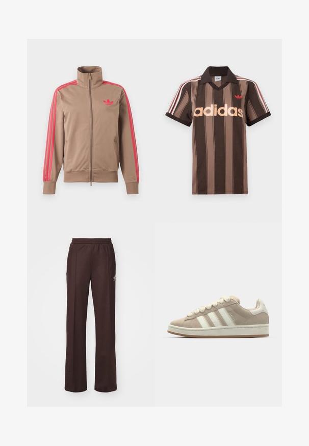 Svetlohnedá športová bunda na zips s vysokým golierom, ružové pruhy na rukávoch a ružové logo Adidas na ľavej strane hrude.; Hnedé prúžkované polo tričko Adidas s výstrihom do V, bordovým golierom a červeným logom. Má bielo-červené pruhy na ramenách a krátke rukávy.; Hnedé športové nohavice s elastickým pásom, dvoma bočnými vreckami a malým logom na ľavej strane, vyrobené z mäkkej látky.; Hnedé semišové tenisky s bielymi koženými pruhmi a šnúrkami, gumová podrážka, polstrovaný golier a textúrované detaily na vrchnej strane.