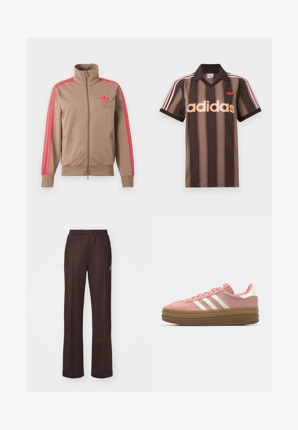 Lysebrun trackjakke med lynlås og høj krave, lyserøde striber ned ad ærmerne og lyserødt Adidas-logo på venstre bryst.; Brunstribet Adidas polo-shirt med V-hals, bordeaux krave og rødt logo. Har hvide og røde skulderstriber samt korte ærmer.; Brune træningsbukser med elastisk talje, to sidelommer og et lille logo på venstre side, lavet af et blødt stof.; adidas Originals GAZELLE BOLD - Sneakers - mauve/off white