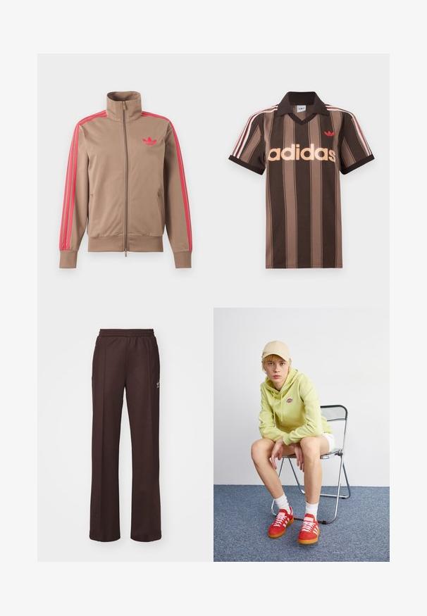 Helepruun lukuga spordijakk kõrge kraega, roosad triibud varrukatel ja roosa Adidas logo vasakul rinnal.; Pruunide triipudega Adidas polotee, V-kaelusega, bordeau krae ja punase logoga. Omad valge ja punase triibuga õlad ning lühikesed varrukad.; Kohvilised spordipüksid elastse vöökohtaga, kahe külgmise taskuga ja väikese logoga vasakul küljel, valmistatud pehmest kangast.; Hele roheline kapuutsiga särgiga, valged lühikesed püksid, punased tossud valgete triipudega, istub kroomitud kokkuklapitaval toolil neutraalse tausta ees.