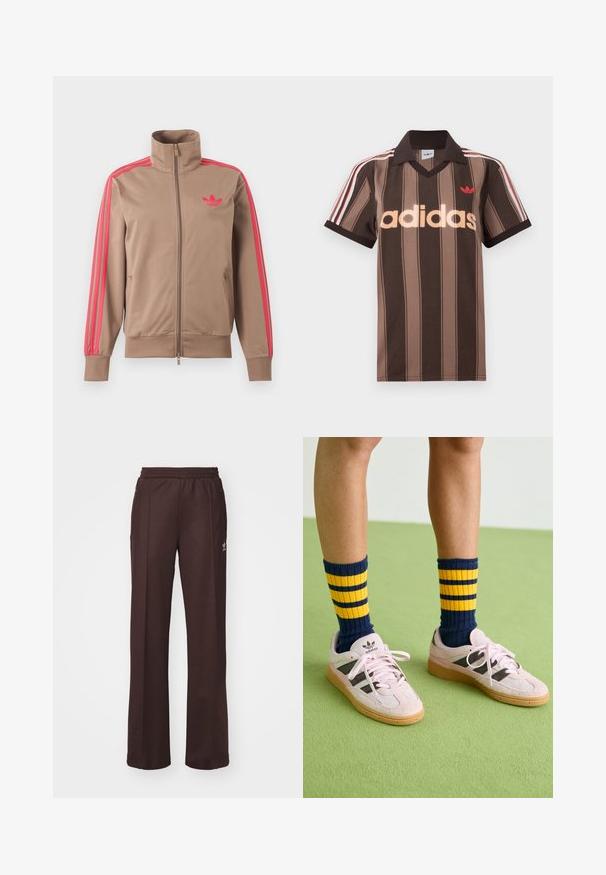 Hellbraune Trainingsjacke mit Reißverschluss und hohem Kragen, pinke Streifen an den Ärmeln und pinkes Adidas-Logo auf der linken Brust.; Braunes gestreiftes Adidas-Poloshirt mit V-Ausschnitt, bordeauxrotem Kragen und rotem Logo. Mit weißen und roten Schulterstreifen, kurzen Ärmeln.; Braune Sporthose mit einem elastischen Bund, zwei Seitentaschen und einem kleinen Logo auf der linken Seite, gefertigt aus weichem Stoff.; Helle rosa Wildledersneaker mit schwarzen Streifen und Gummisohlen, kombiniert mit navyblauen und gelben gestreiften Rippsocken. Grüner strukturierter Boden.