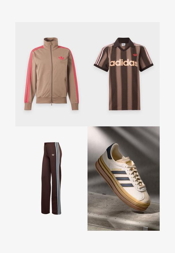 Svetlohnedá športová bunda na zips s vysokým golierom, ružové pruhy na rukávoch a ružové logo Adidas na ľavej strane hrude.; Hnedé prúžkované polo tričko Adidas s výstrihom do V, bordovým golierom a červeným logom. Má bielo-červené pruhy na ramenách a krátke rukávy.; Hnedé športové nohavice s modrými pruhmi po bokoch a sťahovacou šnúrou v páse. Vyrobené z mäkkej, hladkej látky s voľným strihom.; Tenisky Adidas Gazelle so smotanovým semišovým horným dielom, modrými koženými akcentmi, tromi modrými pruhmi, béžovou medzipodrážkou a hnedou gumovou podrážkou.
