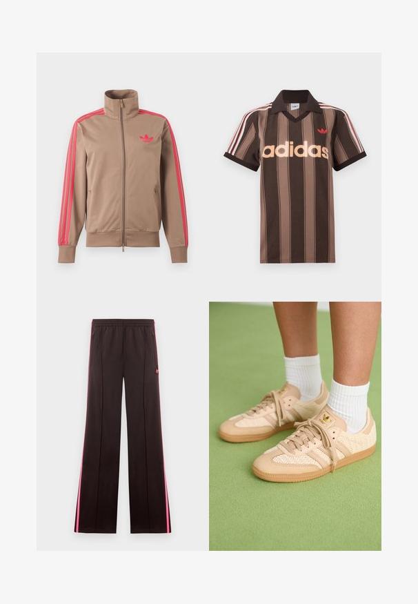 Svetlohnedá športová bunda na zips s vysokým golierom, ružové pruhy na rukávoch a ružové logo Adidas na ľavej strane hrude.; Hnedé prúžkované polo tričko Adidas s výstrihom do V, bordovým golierom a červeným logom. Má bielo-červené pruhy na ramenách a krátke rukávy.; Čierne športové nohavice s ružovými bočnými pruhmi, elastickým pásom, vreckami so zipsom a logom Adidas na ľavom stehne.; Nohy v béžových tkaných teniskách Adidas s gumovými podrážkami a bielymi členkovými ponožkami na zeleno textúrovanom podlahe.
