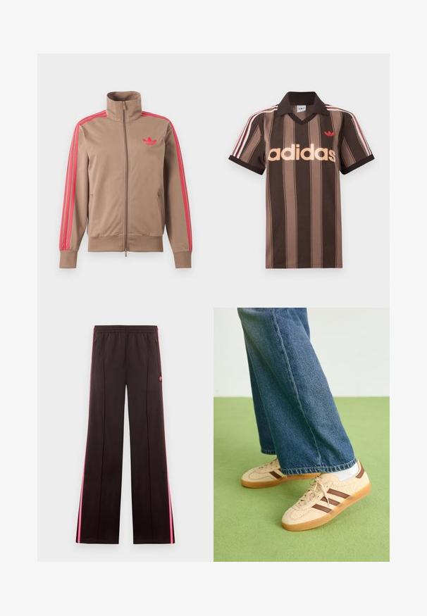 Lichtbruine trackjas met rits en hoge kraag, roze strepen op de mouwen en roze Adidas-logo op de linkerborst.; Bruine gestreepte Adidas polo met V-hals, bordeauxrode kraag en rood logo. Heeft witte en rode schouderstrepen, korte mouwen.; Zwarte sportbroek met roze zijstrepen, elastische tailleband, ritssluitingenaan zakken en Adidas-logo op linker bovenbeen.; Beige sneakers met gestructureerde crèmekleurige panelen en bruine strepen, gecombineerd met blauwe denim jeans. De jeans hebben een brede pijp en een rafelige zoom.