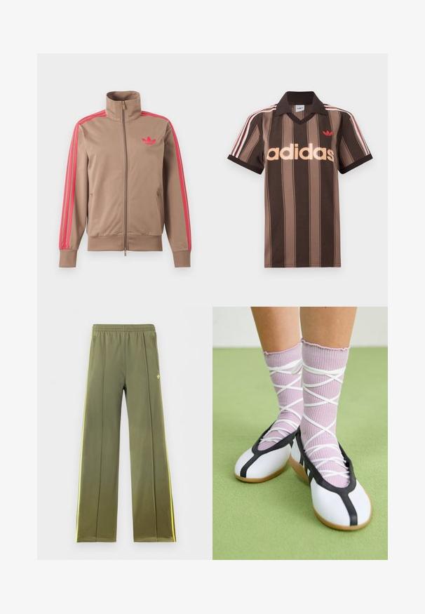 Svetlohnedá športová bunda na zips s vysokým golierom, ružové pruhy na rukávoch a ružové logo Adidas na ľavej strane hrude.; Hnedé prúžkované polo tričko Adidas s výstrihom do V, bordovým golierom a červeným logom. Má bielo-červené pruhy na ramenách a krátke rukávy.; Olívovo zelené teplákové nohavice s elastickým pásom, bočnými vreckami, žltými bočnými pruhmi a malým logom trefoil na prednej strane.; Nohy v rebrovaných levanduľových ponožkách s bielymi krížovými pásmi v kombinácii s bielymi baletnými papučkami s čiernym lemom na zelenej podlahe.